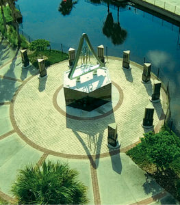 Aerial view of the Space Shuttle monument at Spaceview Park